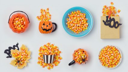 candy corn in halloween dishes