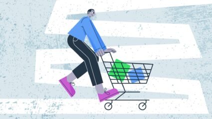 Graphic of a man pushing a shopping cart