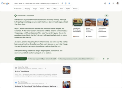A screenshot showing the appearance of a results page with the Google Search Generative Experience