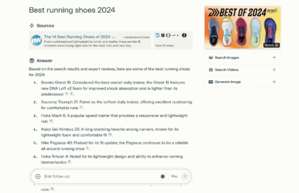 Screenshot of Perplexity.ai search results for "Best running shoes"