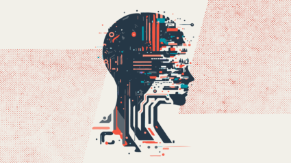 An illustration of a person's profile with wires and robotic parts within it