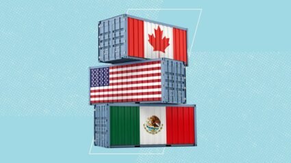 Graphic of shipping crates showing countries impacted by Trump tariffs 2025